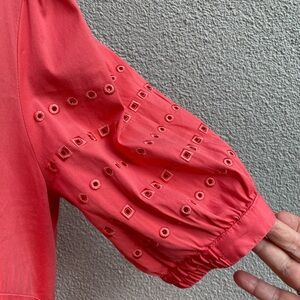 Chico’s Coral Eyelet Puff Sleeve A-line V-Neck Summer Midi Dress size XL